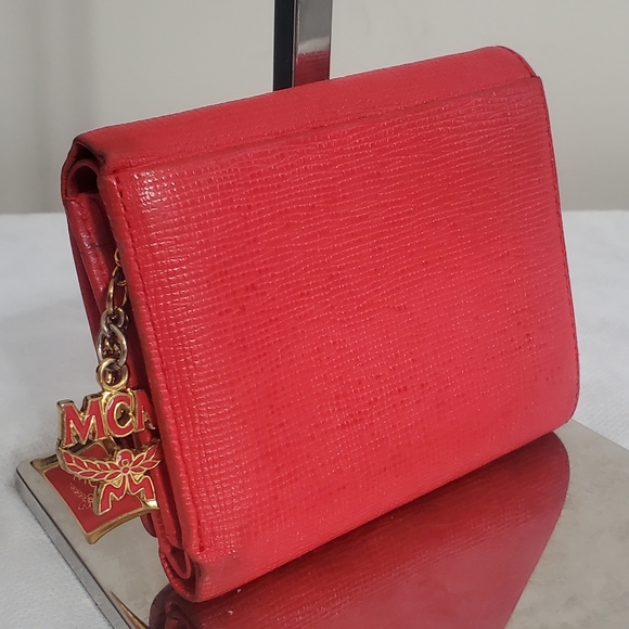 MCM Red Leather Studded Logo Motifs Trifold Wallet w/ Charms - Picture 3 of 16